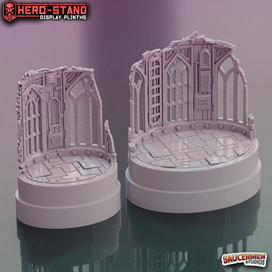 Hero-Stand Display Plinths – Gothic Ruins (Oval) - Sci-Fi Grimdark Miniatures by Saucermen Studios, Wargame Scale 3D Printed