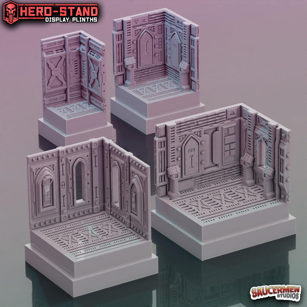 Hero-Stand Display Plinths – GrimDark Chambers (Square) - Sci-Fi Grimdark Miniatures by Saucermen Studios, Wargame Scale 3D Printed