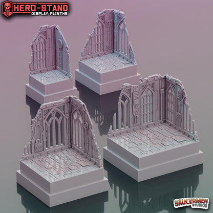 Hero-Stand Display Plinths – Gothic Ruins (Square) - Sci-Fi Grimdark Miniatures by Saucermen Studios, Wargame Scale 3D Printed