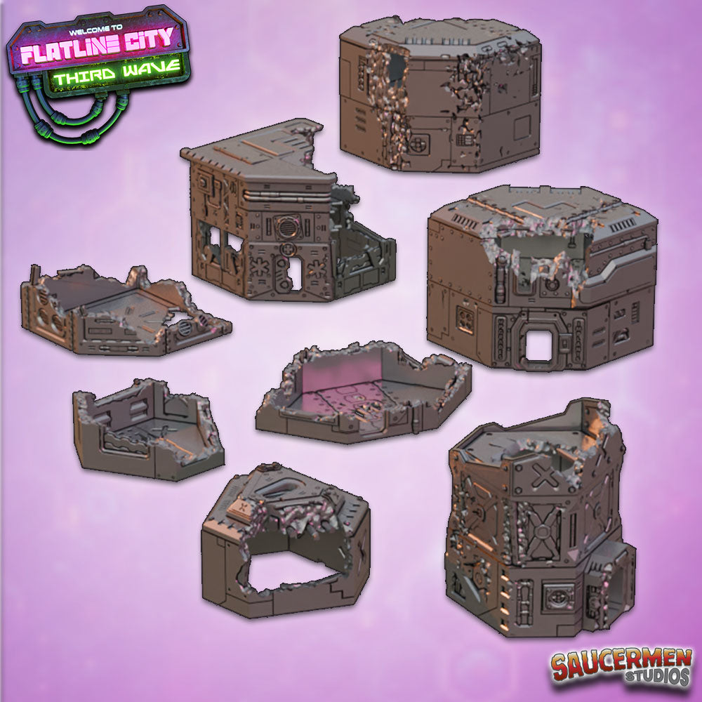Flatline City: Third Wave - Battle Damaged Buildings - Sci-Fi Grimdark Miniatures by Saucermen Studios, Wargame Scale 3D Printed