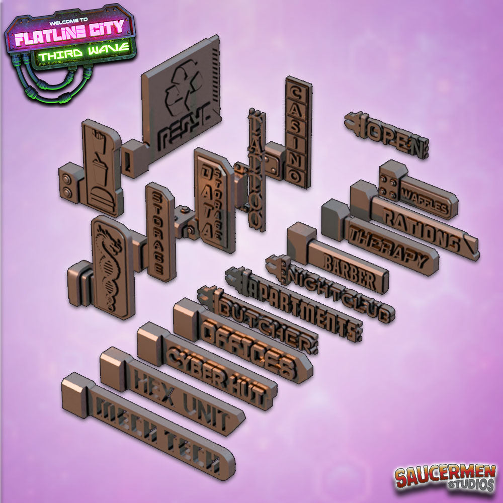 Flatline City: Third Wave - OpenLock Signs Pack 1 - Sci-Fi Grimdark Miniatures by Saucermen Studios, Wargame Scale 3D Printed