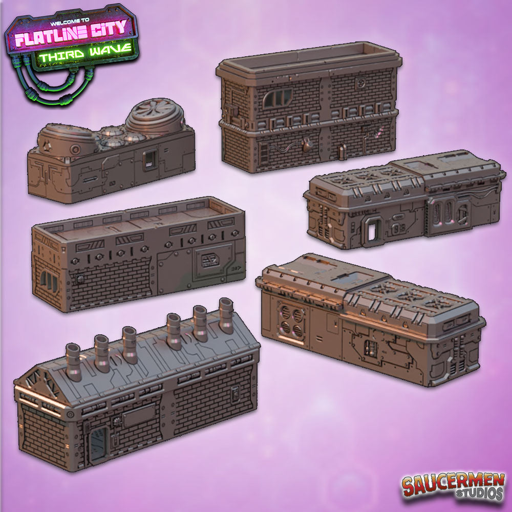 Flatline City: Third Wave - Side-to-Side Buildings - Sci-Fi Grimdark Miniatures by Saucermen Studios, Wargame Scale 3D Printed