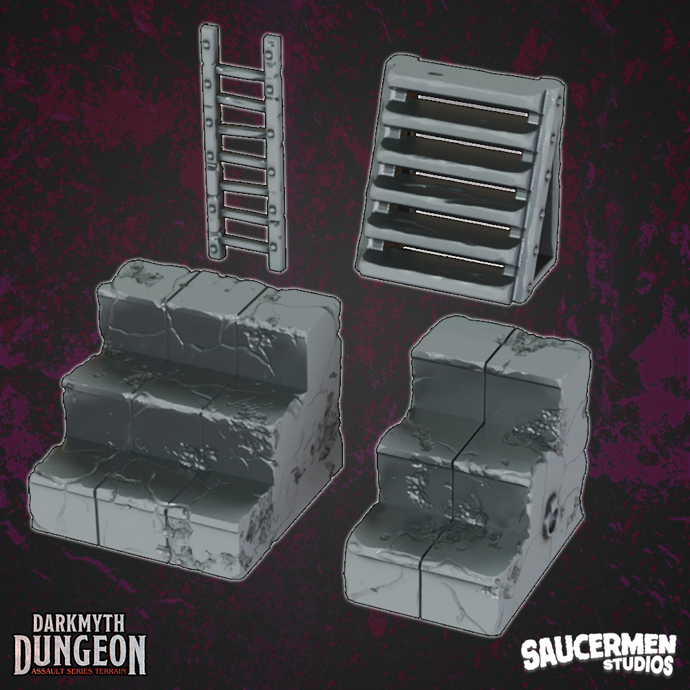 DarkMyth Dungeon - Stairs & Ladders - Sci-Fi Grimdark Miniatures by Saucermen Studios, Wargame Scale 3D Printed