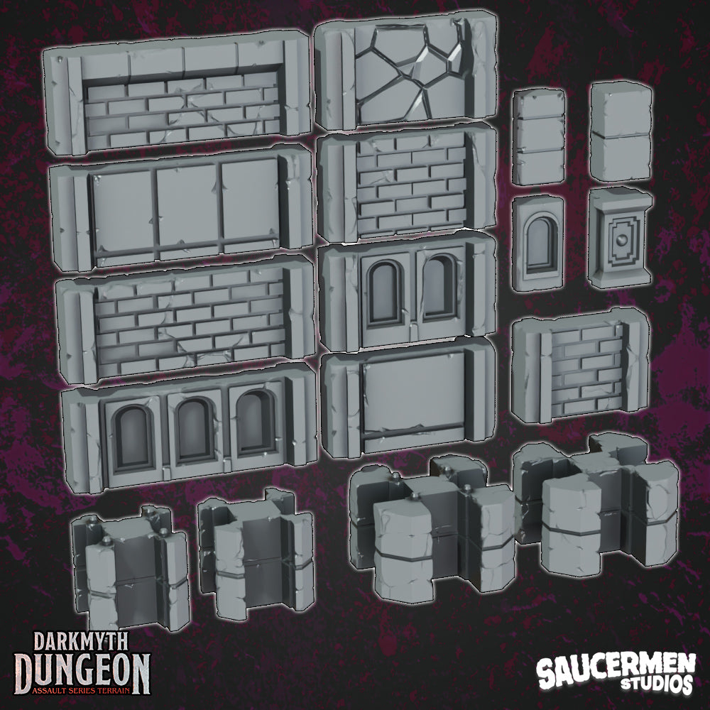 DarkMyth Dungeon - Low Walls - Sci-Fi Grimdark Miniatures by Saucermen Studios, Wargame Scale 3D Printed