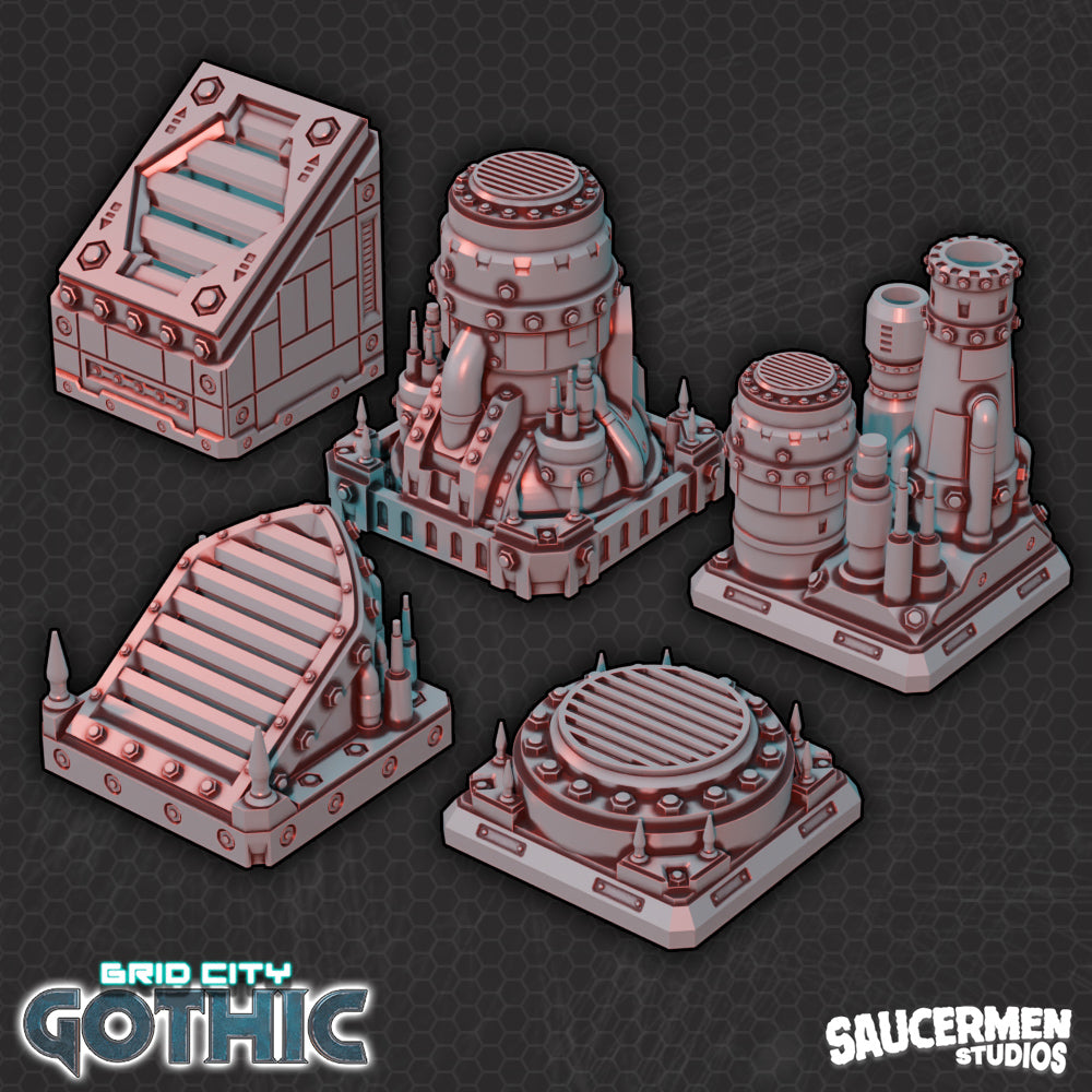 Grid City: Gothic – Refinery Vents, Rooftops & Chimneys - Sci-Fi Grimdark Miniatures by Saucermen Studios, Wargame Scale 3D Printed