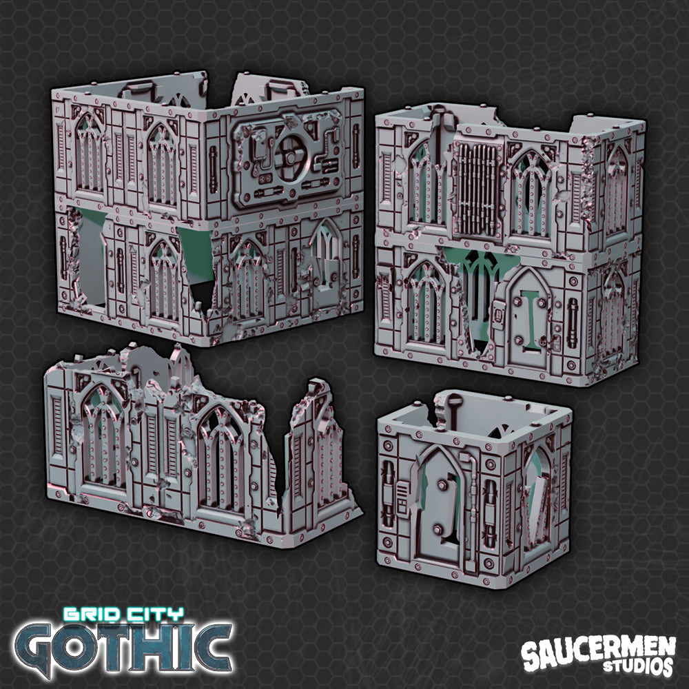 Grid City: Gothic – Large Battle Damaged Building Sections - Sci-Fi Grimdark Miniatures by Saucermen Studios, Wargame Scale 3D Printed