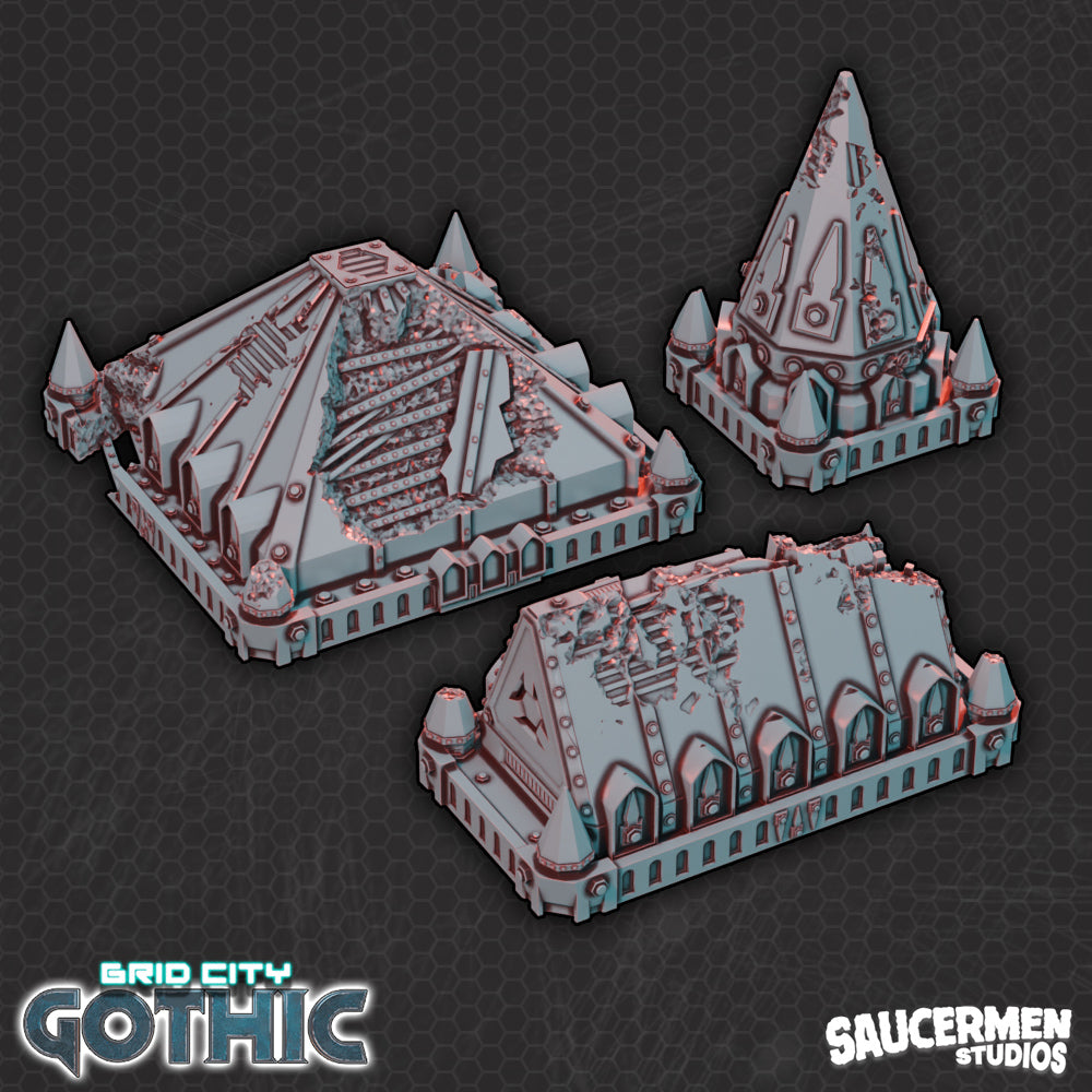 Grid City: Gothic – Battle Damaged Rooftops - Sci-Fi Grimdark Miniatures by Saucermen Studios, Wargame Scale 3D Printed