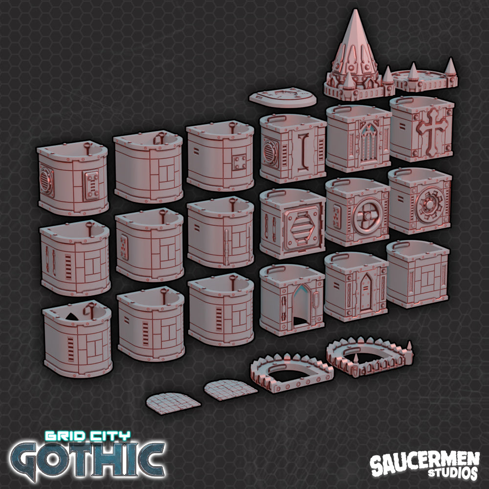 Grid City: Gothic – Capsule Buildings - Sci-Fi Grimdark Miniatures by Saucermen Studios, Wargame Scale 3D Printed