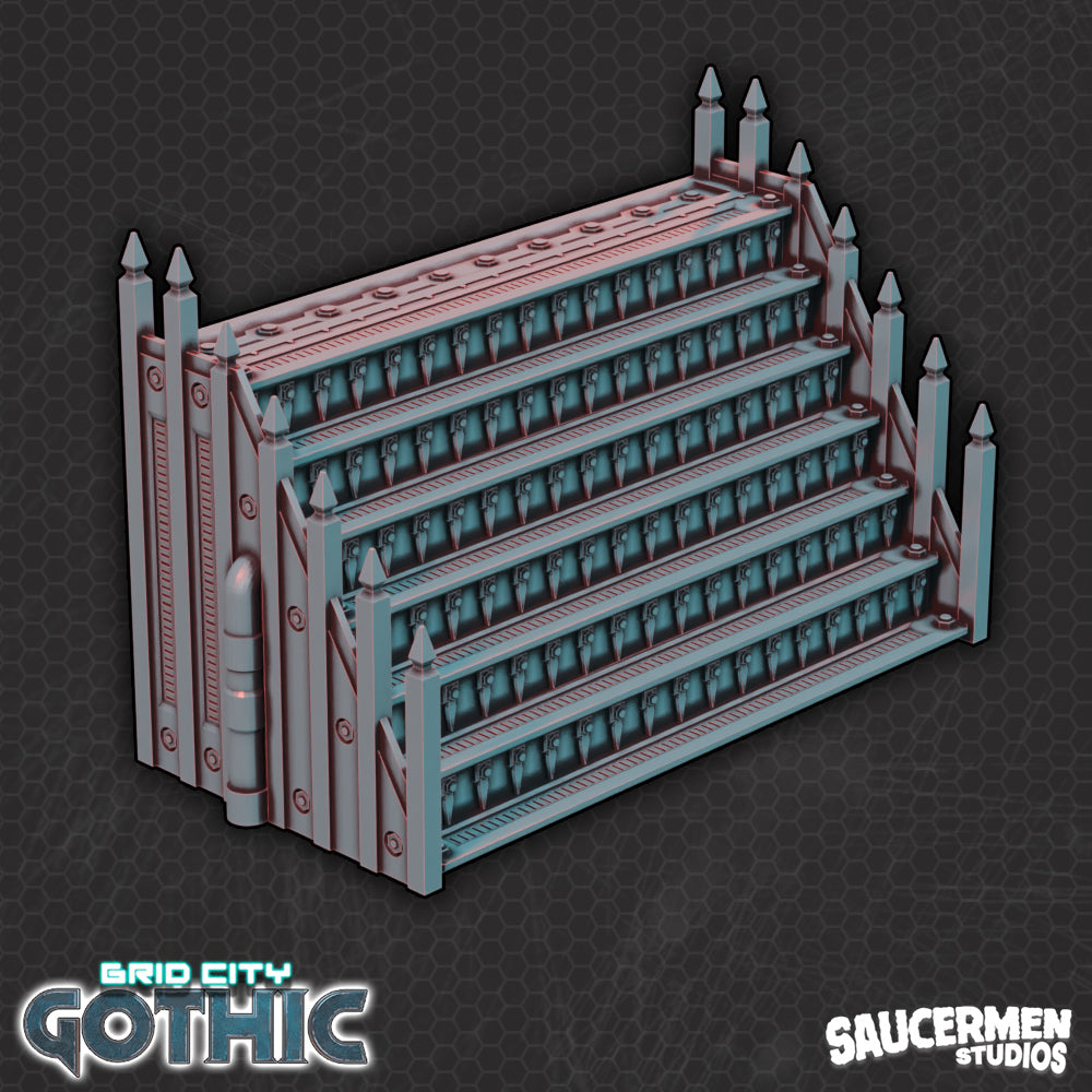 Grid City: Gothic – Double Width Staircase - Sci-Fi Grimdark Miniatures by Saucermen Studios, Wargame Scale 3D Printed