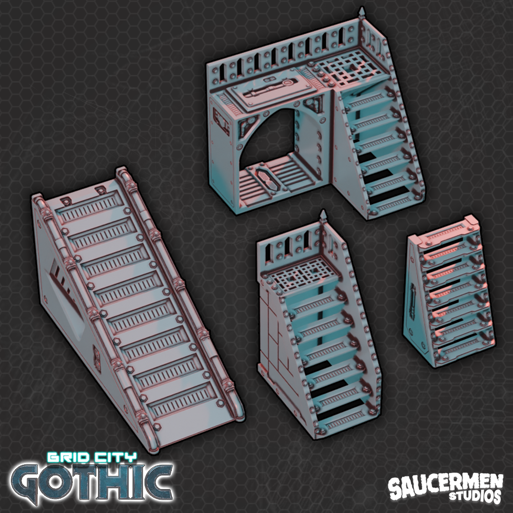 Grid City: Gothic – Stairs & Ramps - Sci-Fi Grimdark Miniatures by Saucermen Studios, Wargame Scale 3D Printed