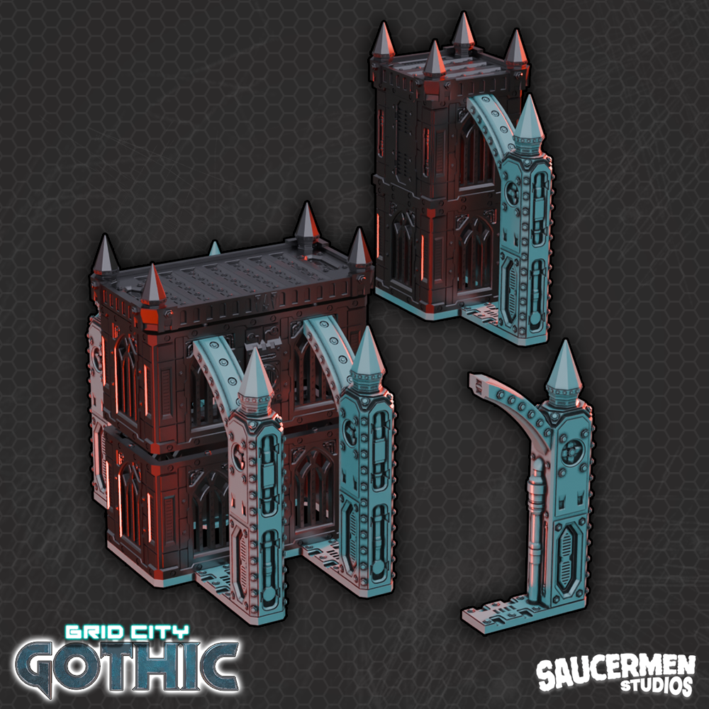 Grid City: Gothic – Heavy Duty Buttresses - Sci-Fi Grimdark Miniatures by Saucermen Studios, Wargame Scale 3D Printed