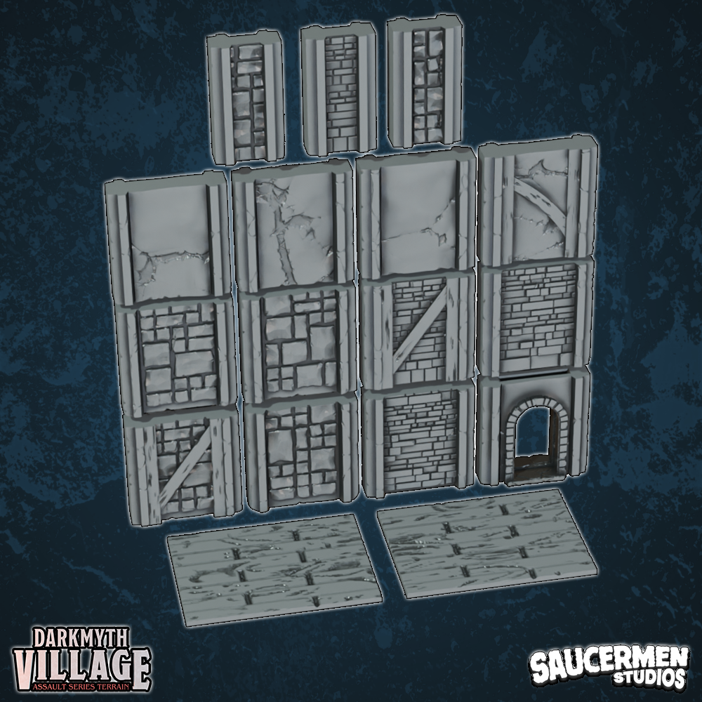 DarkMyth Village - Short & 1 Inch Walls - Sci-Fi Grimdark Miniatures by Saucermen Studios, Wargame Scale 3D Printed