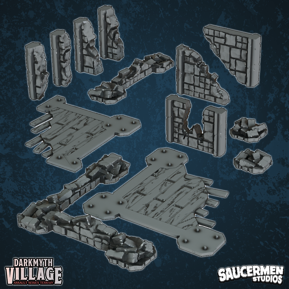DarkMyth Village - Damaged Sections: Pack 2 - Sci-Fi Grimdark Miniatures by Saucermen Studios, Wargame Scale 3D Printed