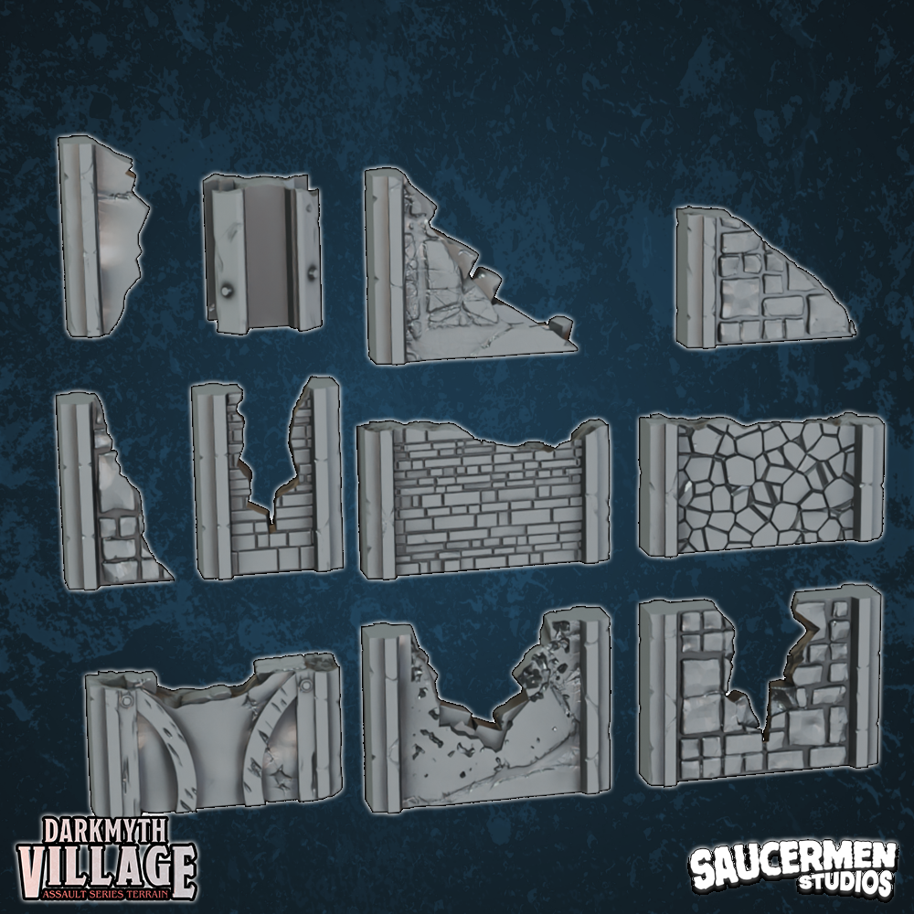 DarkMyth Village - Damaged Sections: Pack 1 - Sci-Fi Grimdark Miniatures by Saucermen Studios, Wargame Scale 3D Printed