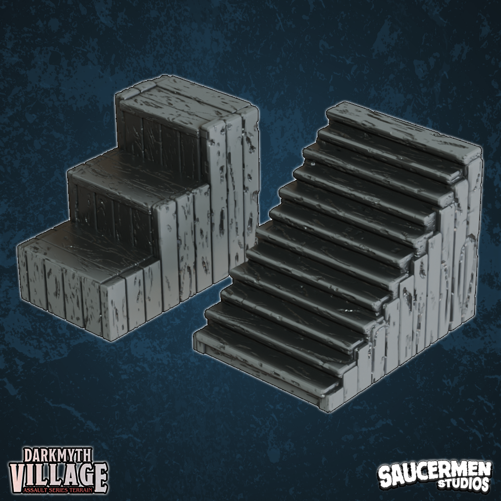 DarkMyth Village - Wooden Stairs - Sci-Fi Grimdark Miniatures by Saucermen Studios, Wargame Scale 3D Printed