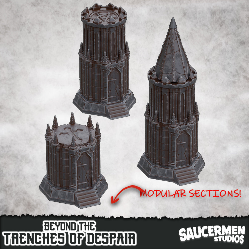 Beyond the Trenches of Despair: Chapel Towers - Sci-Fi Grimdark Miniatures by Saucermen Studios, Wargame Scale 3D Printed