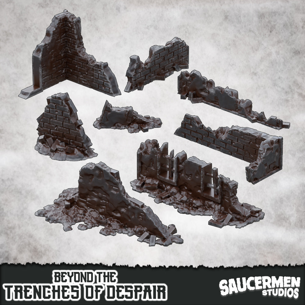 Beyond the Trenches of Despair: Rubble Walls - Sci-Fi Grimdark Miniatures by Saucermen Studios, Wargame Scale 3D Printed