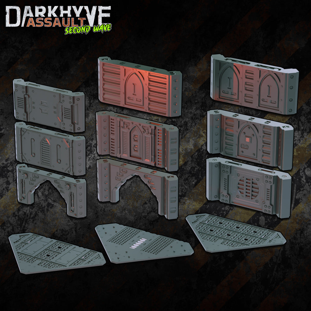 DarkHyve Assault: Second Wave - Corner Walls & Floors - Sci-Fi Grimdark Miniatures by Saucermen Studios, Wargame Scale 3D Printed