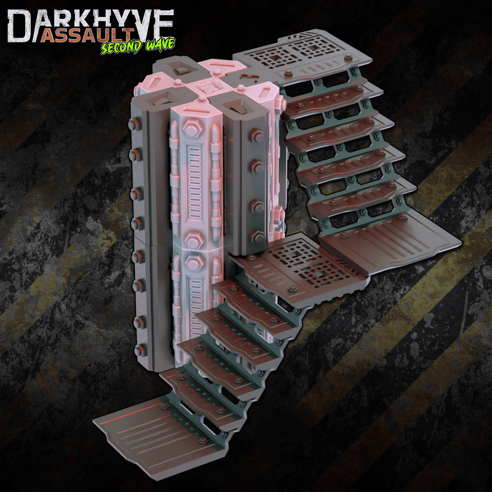 DarkHyve Assault: Second Wave - Wrap-around Stairs - Sci-Fi Grimdark Miniatures by Saucermen Studios, Wargame Scale 3D Printed