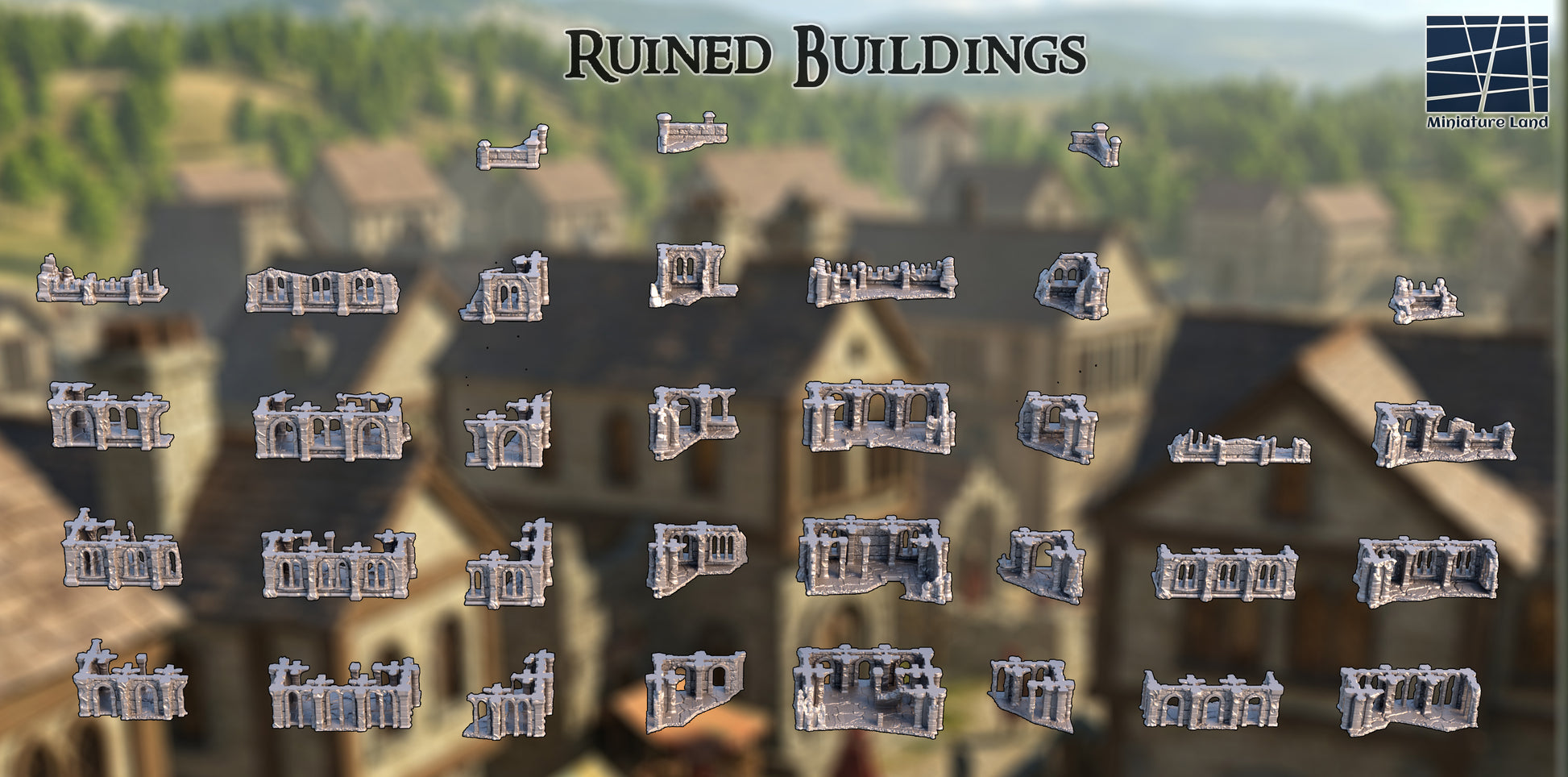 Ruined Buildings Pack (16 Buildings) - Tabletop Terrain 28mm by MiniatureLand