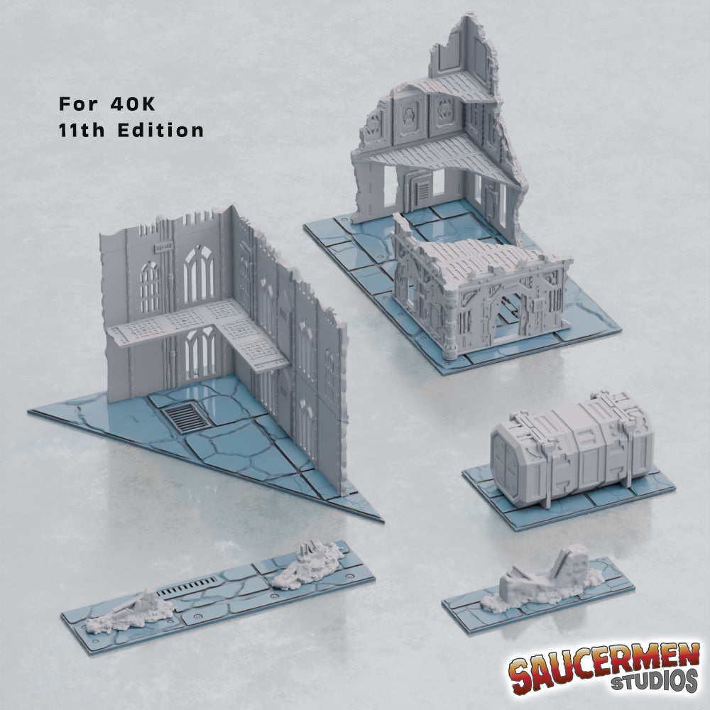 11th Edition Terrain Footprint Templates (Ruins Theme) - Sci-Fi Grimdark Miniatures by Saucermen Studios, Wargame Scale 3D Printed