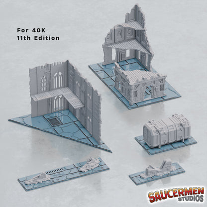 11th Edition Terrain Footprint Templates (Ruins Theme) - Sci-Fi Grimdark Miniatures by Saucermen Studios, Wargame Scale 3D Printed