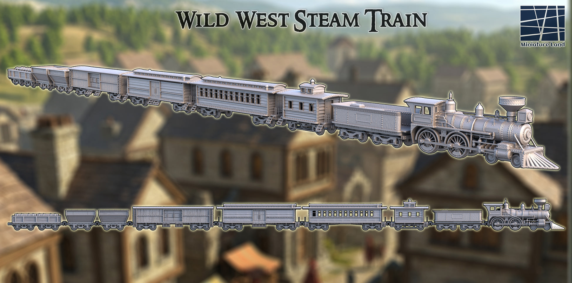 Old West Steam Train with Wagons - Tabletop Terrain 28mm by MiniatureLand