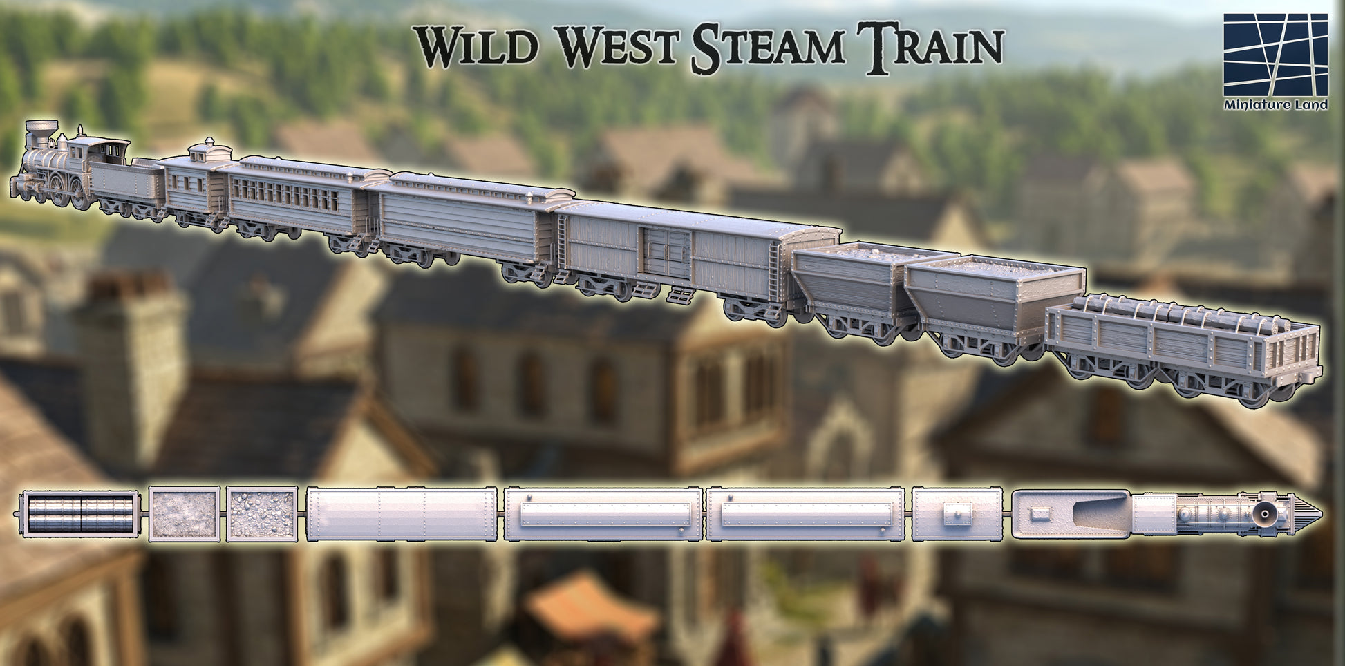 Old West Steam Train with Wagons - Tabletop Terrain 28mm by MiniatureLand