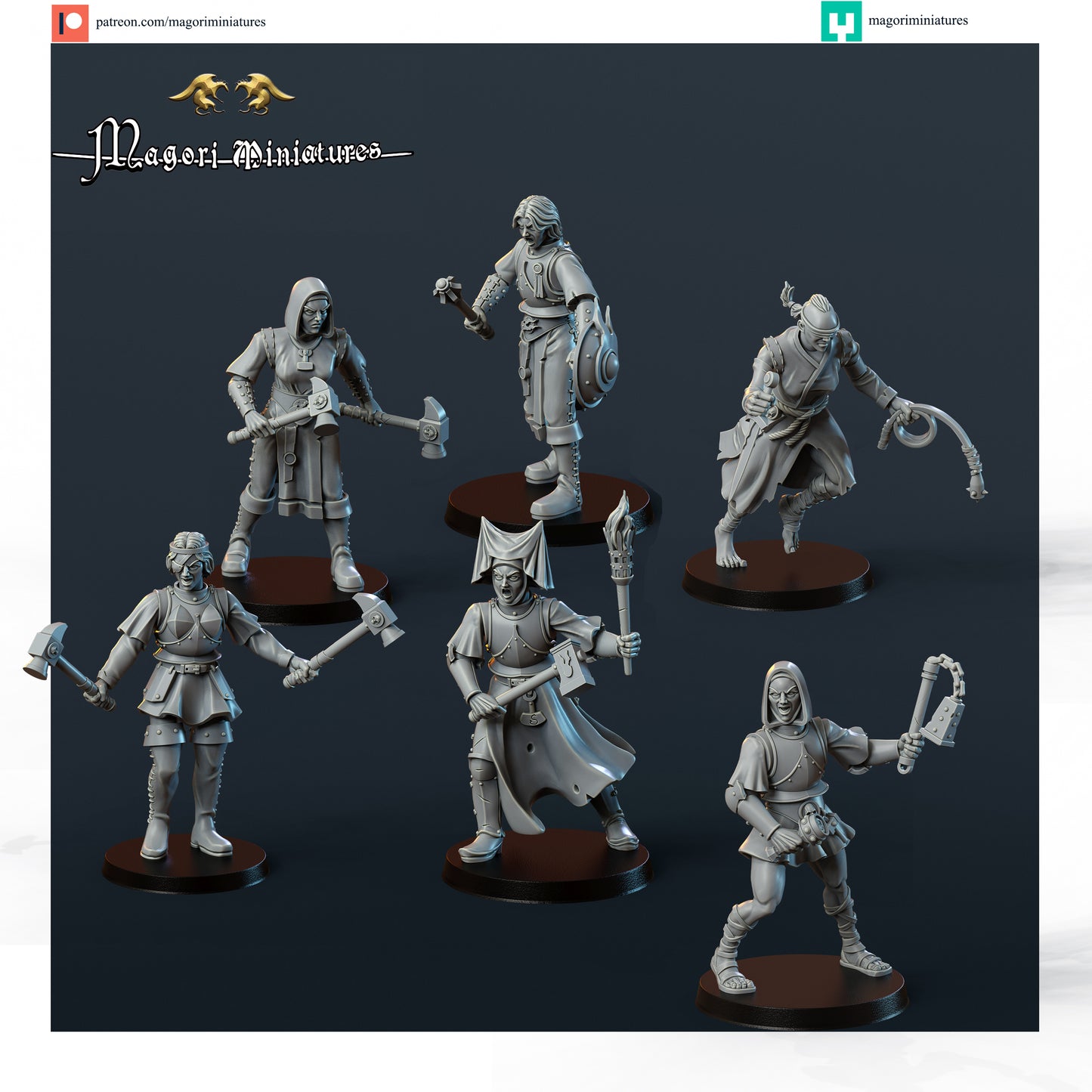 Modular Sister of the hammergod warband, Fantasy Skirmish Miniatures by Magori Miniatures, perfect for Fantasy Wargames and RPGs