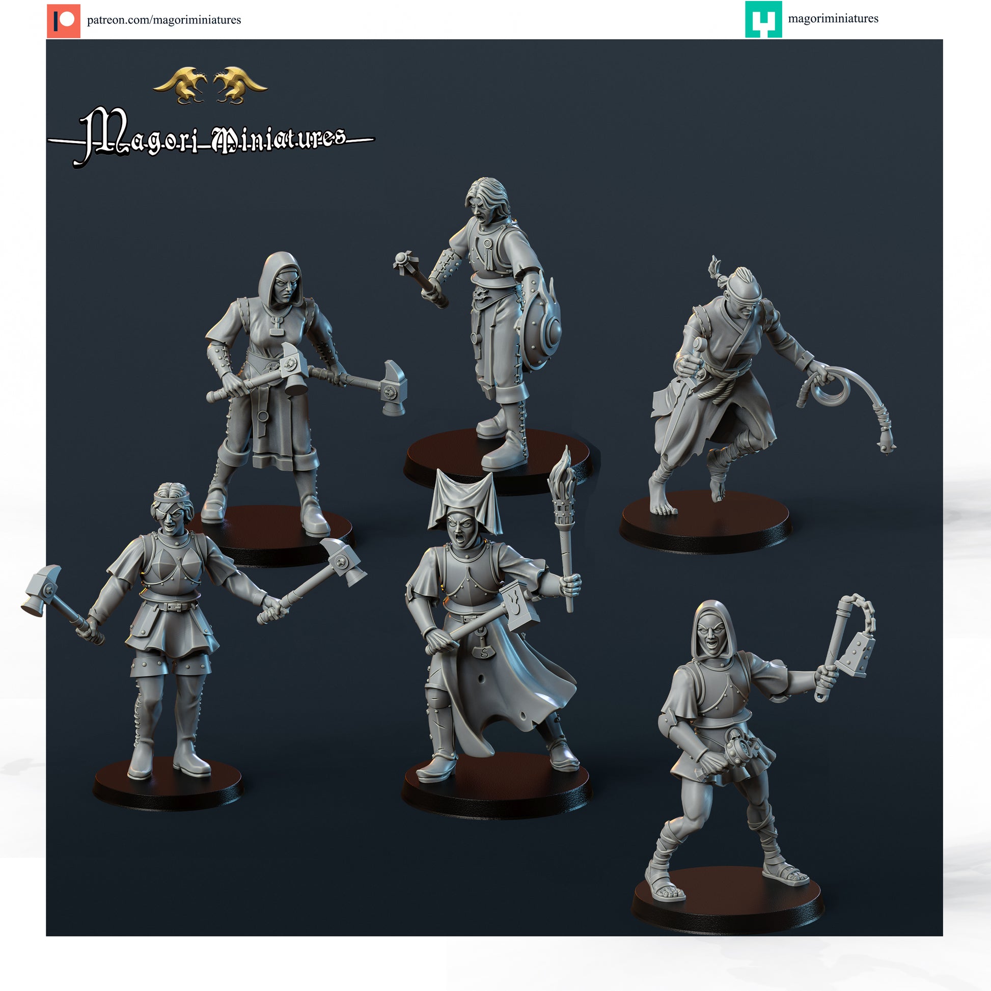 Modular Sister of the hammergod warband, Fantasy Skirmish Miniatures by Magori Miniatures, perfect for Fantasy Wargames and RPGs