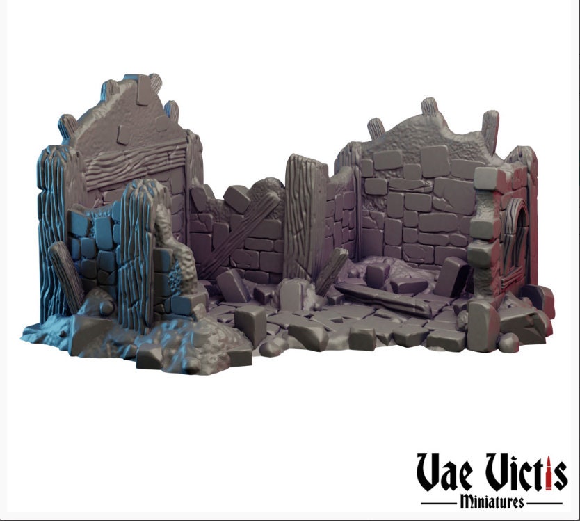 Stone Fantasy House Ruins Small Half Timbered Medieval Building Tabletop Terrain suitable for Fantasy Wargames and Tabletop RPGs
