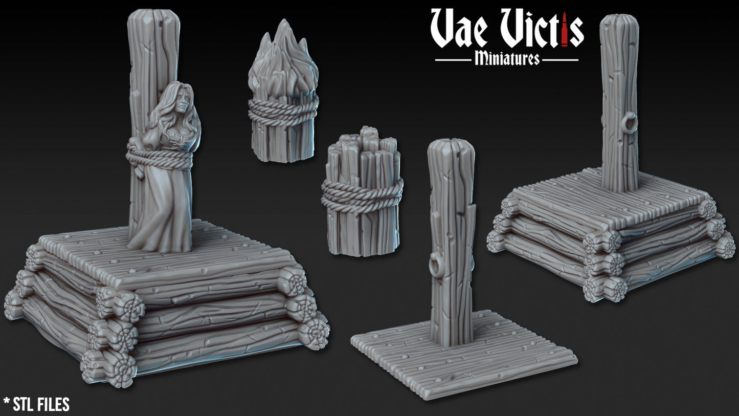 Witch Burning Stake with Kindling and tied Witch, Tabletop Scenery  for RPGs & Wargaming, for Fantasy Wargames and Tabletop RPGs