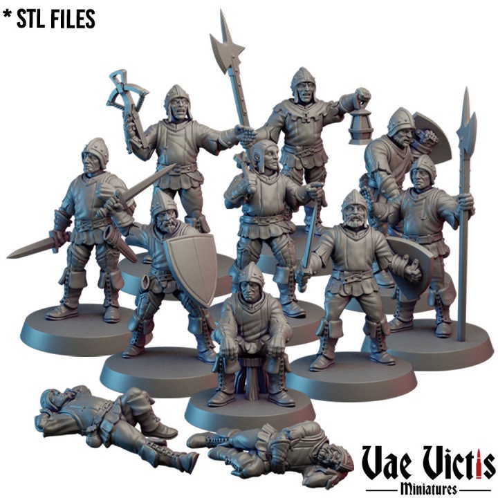 Village Watchmen Warband , Assembled Village Guard  Fantasy Miniatures by Vae Victis, perfect for Fantasy Wargames and Tabletop RPGs