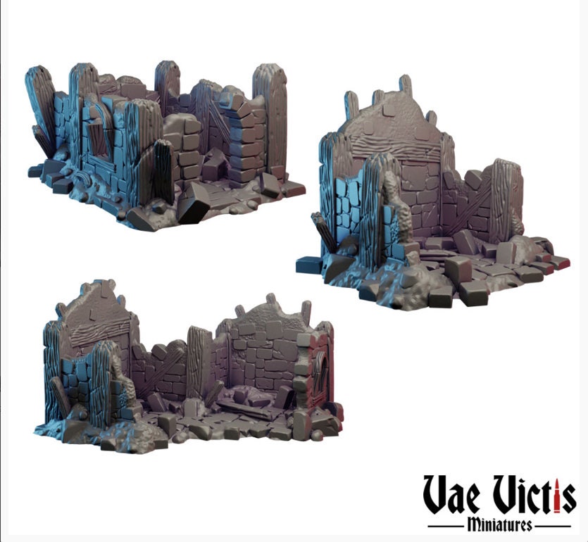 Stone Fantasy House Ruins Small Half Timbered Medieval Building Tabletop Terrain suitable for Fantasy Wargames and Tabletop RPGs