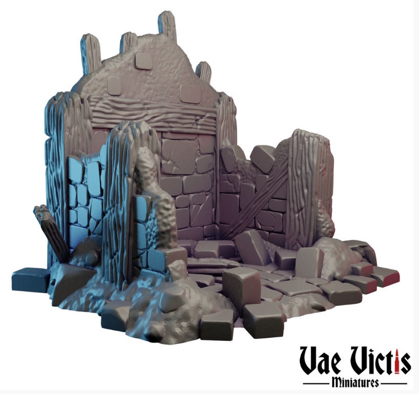 Stone Fantasy House Ruins Small Half Timbered Medieval Building Tabletop Terrain suitable for Fantasy Wargames and Tabletop RPGs
