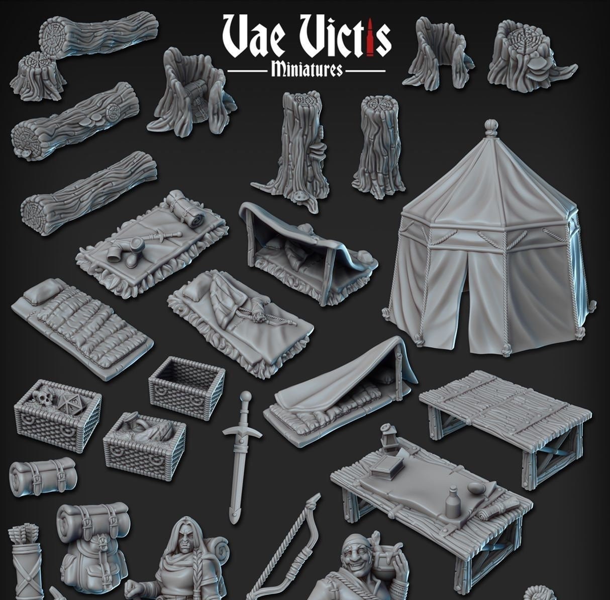 Explorer's Base Camp Terrain Fantasy set, Detailed Tabletop Scenery  for Fantasy tabletop Wargames.