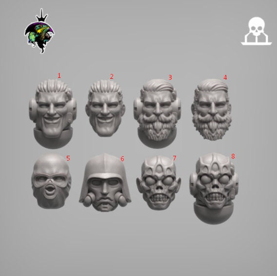 Chad Sci-Fi Marine heads set, Modular Sci-Fi Marine Miniatures by Reptilian Overlords, marines conversion bits for Sci-Fi Wargames