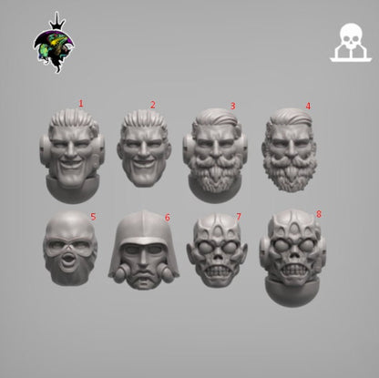 Chad Sci-Fi Marine heads set, Modular Sci-Fi Marine Miniatures by Reptilian Overlords, marines conversion bits for Sci-Fi Wargames