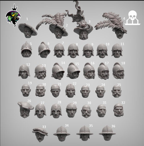 Modular Mercenary Bits, individual Heads. Fantasy Miniatures by Reptilian Overlords, perfect for Fantasy Wargames and Tabletop RPGs