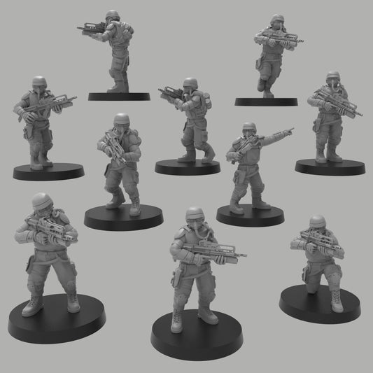 Heck Ghosts Assault Infantry w/ Rifles, Semi-modular Sci-Fi warriors by ThatEvilOne, Sci-Fi Wargames Guard Proxy, Imperial Auxilia Army