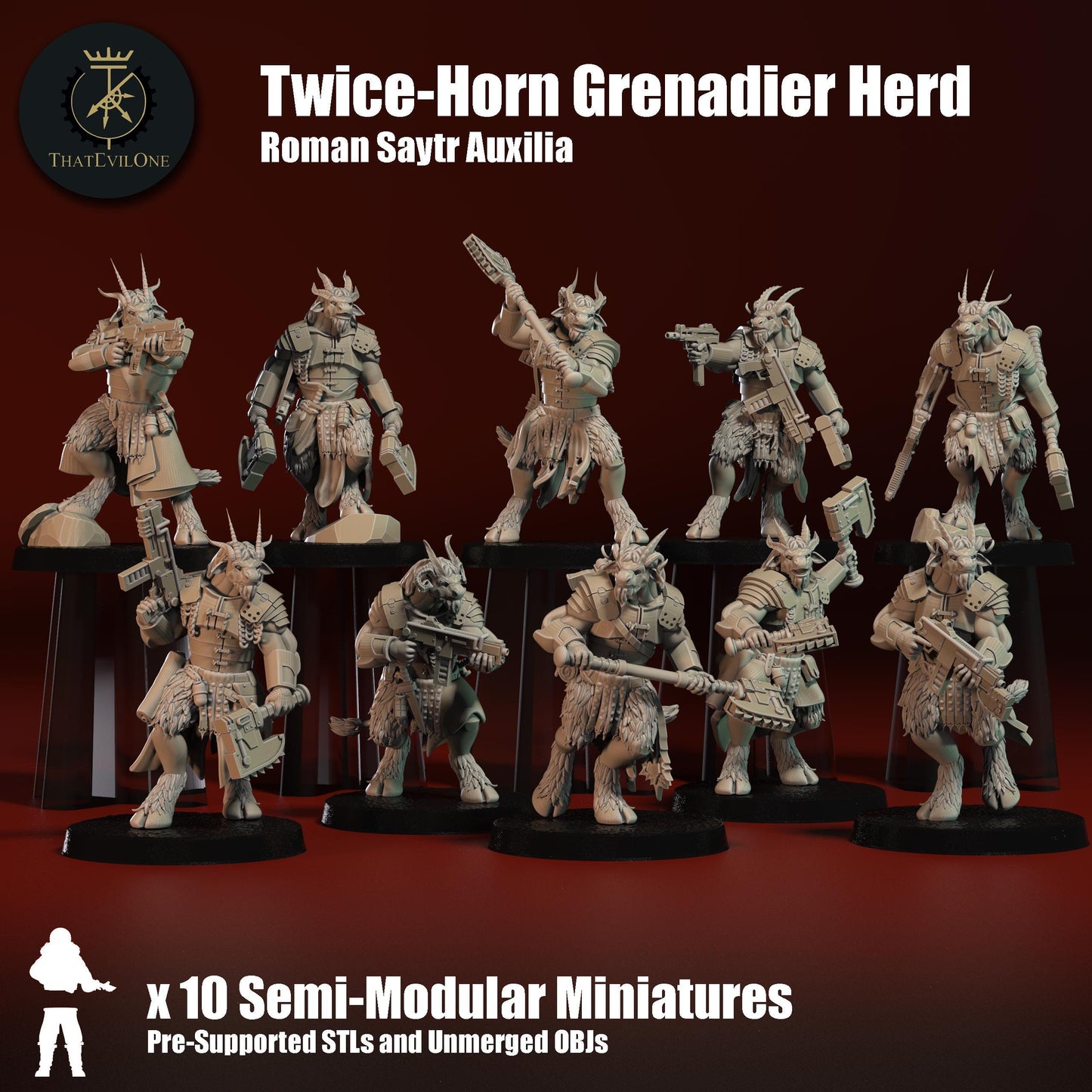 Roman Saytr Twice-Horn Grenadier Herd, Monopose Sci-Fi warriors by ThatEvilOne, Sci-fi Wargames Beastmen Roman-inspired chaos army