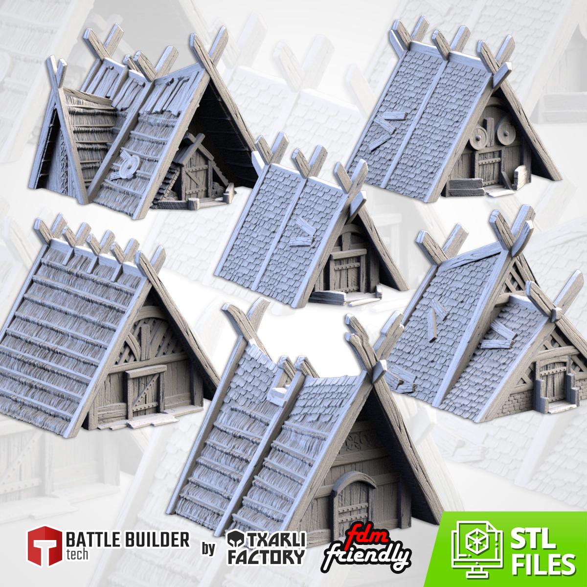 Modular VIKING HOUSES by Txarli Factory Fantasy Terrain Ruined Castle Set, Perfect for Tabletop Wargames