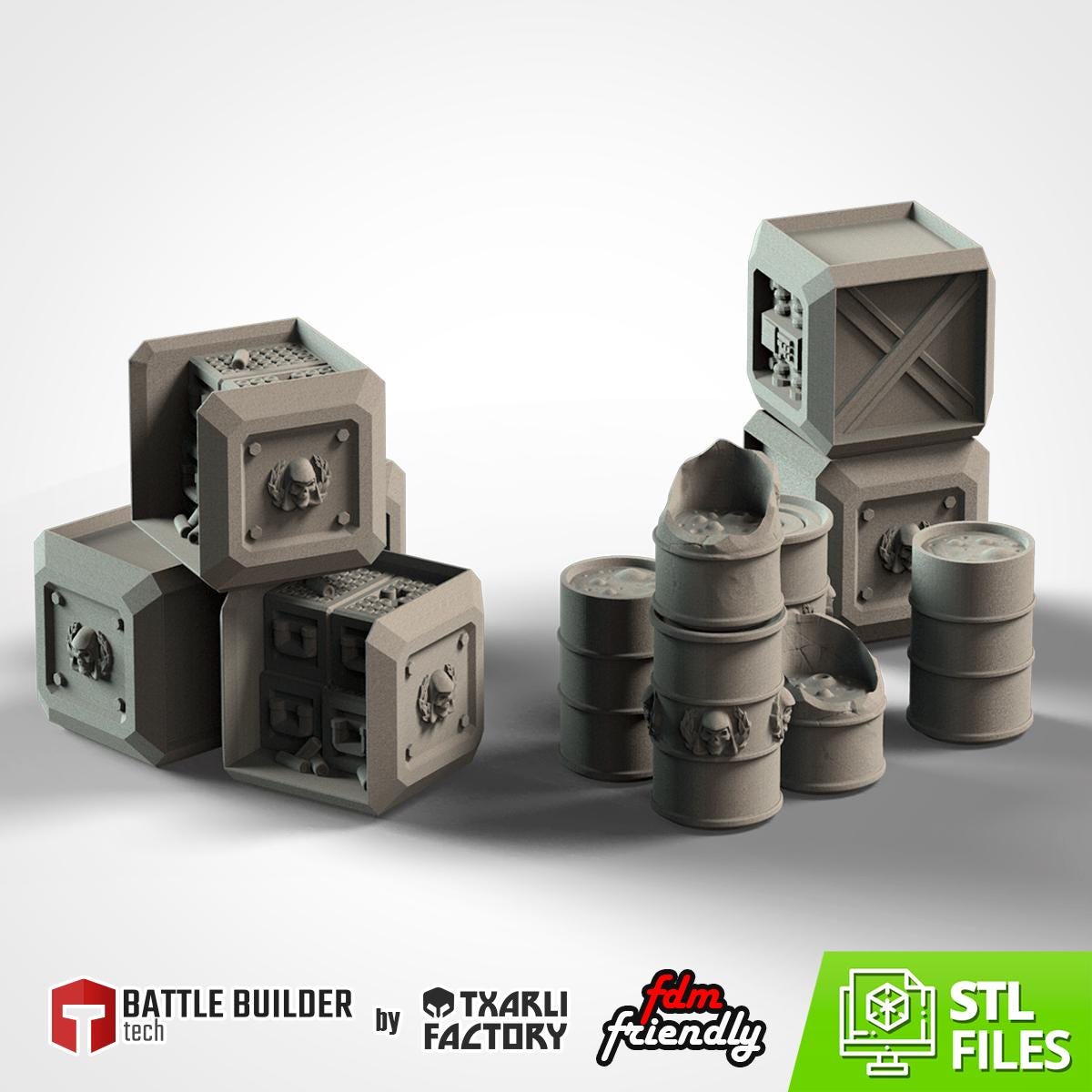 Modular BARRELS and CUBES set Txarli Factory Ruined Scatter Terrain Set, Perfect for Tabletop Wargames
