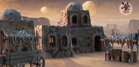Small Desert Village Terrain Set, Chaotic Plagued Terrain Sculpted by Tainted Windmill for Wargames set in the Grimdark Future