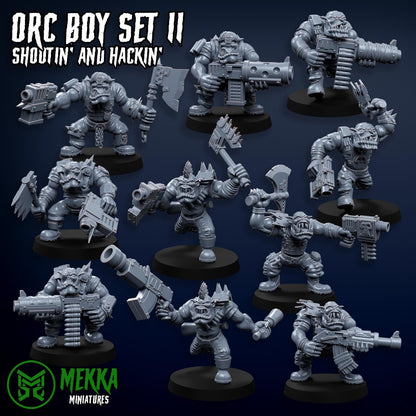 Orc Boy Set II, Shootin' and Hackin', Space-Faring Orkish Menace Sculpted by Mekka Miniatures, Grimdark Compatible, Sci-Fi Wargame Scale