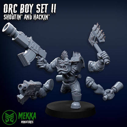 Orc Boy Set II, Shootin' and Hackin', Space-Faring Orkish Menace Sculpted by Mekka Miniatures, Grimdark Compatible, Sci-Fi Wargame Scale
