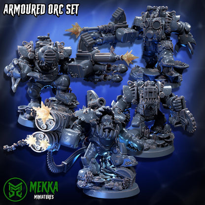 Armoured Ork Set, Space-Faring Orkish Menace Sculpted by Mekka Miniatures, Grimdark Compatible, Scaled for Sci-Fi Miniature Wargames