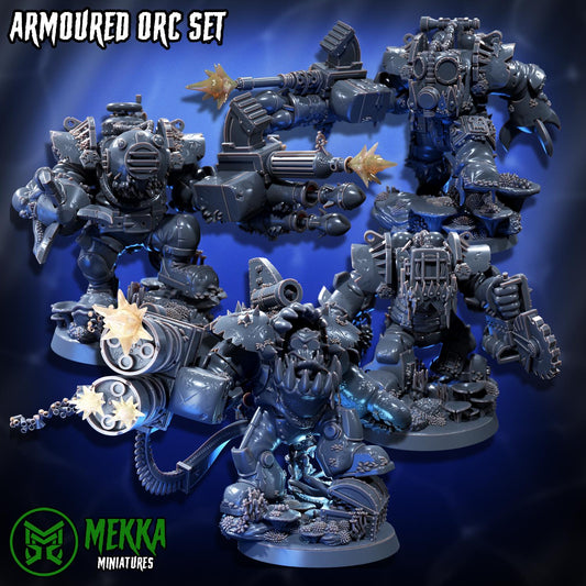 Armoured Ork Set, Space-Faring Orkish Menace Sculpted by Mekka Miniatures, Grimdark Compatible, Scaled for Sci-Fi Miniature Wargames