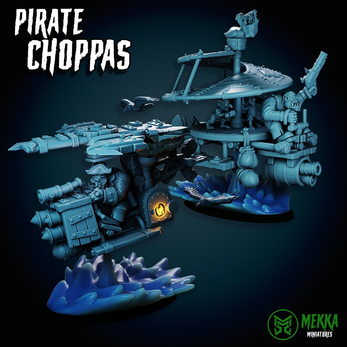 Pirate Choppas, Space-Faring Orkish Menace Sculpted by Mekka Miniatures, Grimdark Compatible, Scaled for Sci-Fi Miniature Wargames