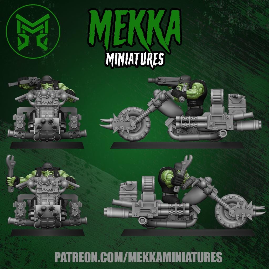 Orc Biker Set, Space-Faring Orkish Menace Sculpted by Mekka Miniatures, Grimdark Compatible, Scaled for Sci-Fi Miniature Wargames